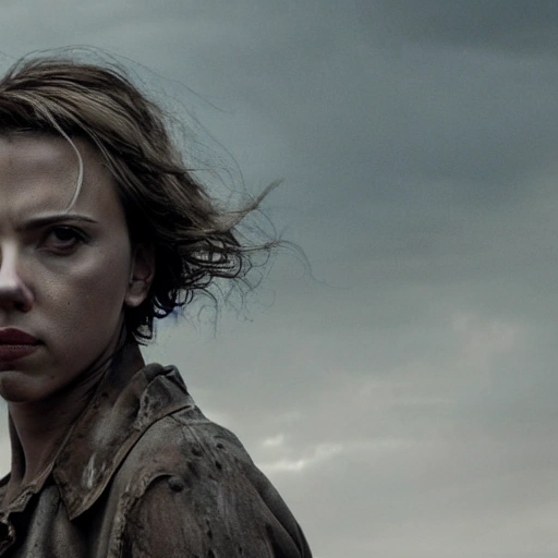 Scarlett Johansson as in "the walking dead". ((Simetric face:1.2)), (beautiful detail), post apocalyptic city, panoramic view, cinematography scene, professional detail, high definition, high resolution, 8k, sepia color ambient, ambient lumen, volumetric lighting, hdr