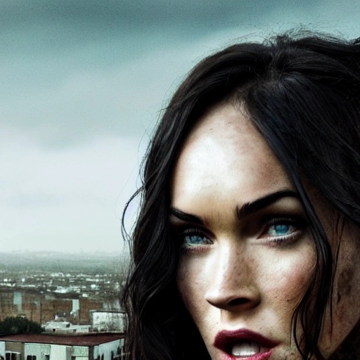 Megan Fox as in "the walking dead". ((Simetric face:1.2)), (beautiful detail), post apocalyptic city, panoramic view, cinematography scene, professional detail, high definition, high resolution, 8k, sepia color ambient, ambient lumen, volumetric lighting, hdr