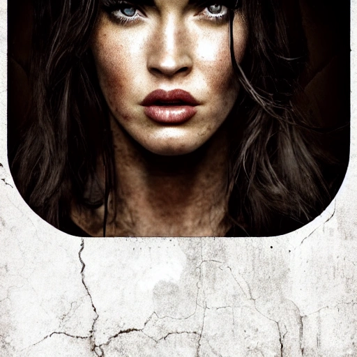 Megan Fox as in "the walking dead". ((Simetric face:1.2)), (beautiful detail), post apocalyptic city, panoramic view, cinematography scene, professional detail, high definition, high resolution, 8k, sepia color ambient, ambient lumen, volumetric lighting, hdr