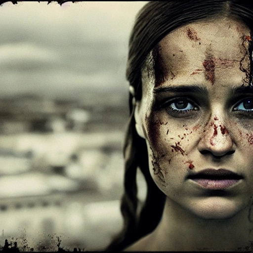 Alicia Vikander as in "the walking dead". ((Simetric face:1.2)), (beautiful detail), post apocalyptic city, panoramic view, cinematography scene, professional detail, high definition, high resolution, 8k, sepia color ambient, ambient lumen, volumetric lighting, hdr