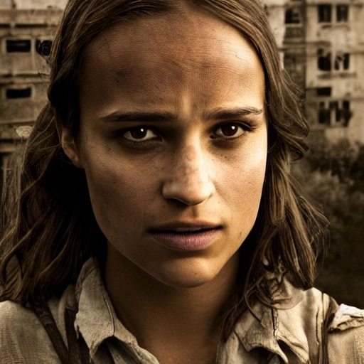 Alicia Vikander as in "the walking dead". ((Simetric face:1.2)), (beautiful detail), post apocalyptic city, panoramic view, cinematography scene, professional detail, high definition, high resolution, 8k, sepia color ambient, ambient lumen, volumetric lighting, hdr