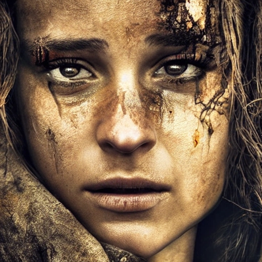 Alicia Vikander as in "the walking dead". ((Simetric face:1.2)), (beautiful detail), post apocalyptic city, panoramic view, cinematography scene, professional detail, high definition, high resolution, 8k, sepia color ambient, ambient lumen, volumetric lighting, hdr