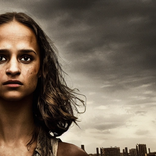 Alicia Vikander as in "the walking dead". ((Simetric face:1.2)), (beautiful detail), post apocalyptic city, panoramic view, cinematography scene, professional detail, high definition, high resolution, 8k, sepia color ambient, ambient lumen, volumetric lighting, hdr