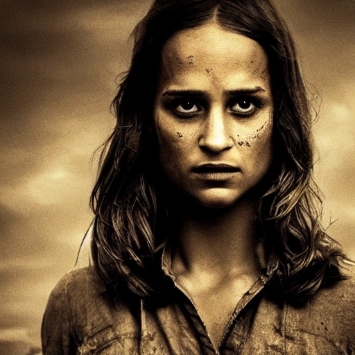 Alicia Vikander as in "the walking dead". ((Simetric face:1.2)), (beautiful detail), post apocalyptic city, panoramic view, cinematography scene, professional detail, high definition, high resolution, 8k, sepia color ambient, ambient lumen, volumetric lighting, hdr