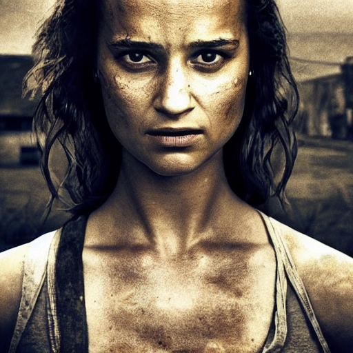 Alicia Vikander as in "the walking dead". ((Simetric face:1.2)), (beautiful detail), post apocalyptic city, panoramic view, cinematography scene, professional detail, high definition, high resolution, 8k, sepia color ambient, ambient lumen, volumetric lighting, hdr