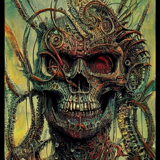 skull, worms, Melancholic, Oil Paint, Detailed Render, HD, by Philippe Druillet