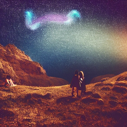 image of dark, beautifull, stoning, full of soft lines of light, landscape with wide perspective, colorfull, back to the 90's, dream land, have 2 humans with stars, inlove, mystical vibes, music wisdom, detail, photographic, ambiental mood