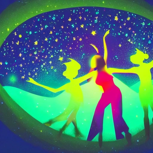 image of a 90's party vibe, night time, mystical ambient, stars, trees, UV lights, detail, 6 humans dancing under the moon, glowing