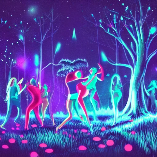 image of a 90's party vibe, detail landscape, night time, mystical ambient, stars, trees, UV lights, detail, 6 humans dancing, under the moon, glowing, black lights