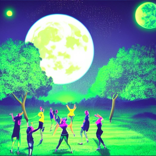 image of a 90's party vibe, landscape, very detail, night time, mystical ambient, stars, trees, UV lights, detail, 6 humans dancing, under the moon, glowing, black lights