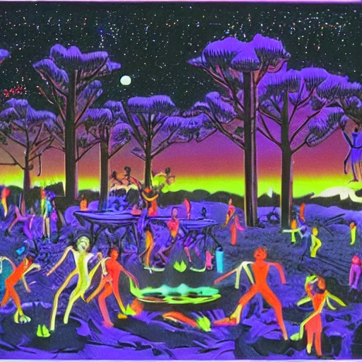 image of a party in 1990 a wide landscape, very detail, night time, mystical ambient, stars, trees, UV lights, detail, 6 humans dancing, under the moon, black lights