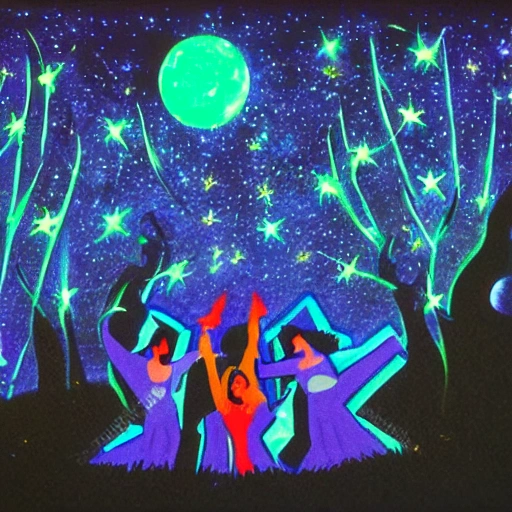 image of a party in 1990 a wide landscape, very detail, night time, mystical ambient, stars, trees, glowing, detail, 6 humans dancing, under the moon, black lights, music wisdom, dj