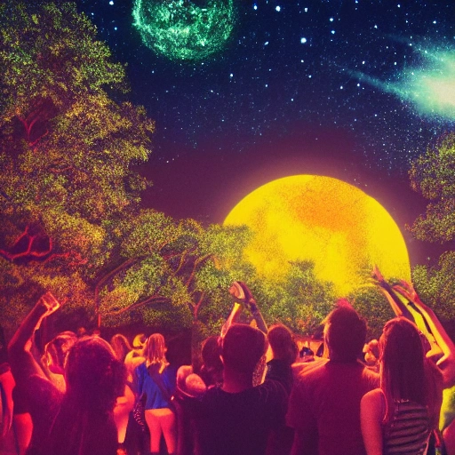 image of a rave, wide landscape, very detail, night time, mystical ambient, stars, trees, glowing, ultradetail, 6 humans, hyperrealistic, dancing, under the moon, black lights, music wisdom, dj