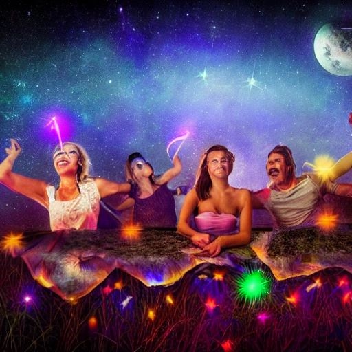 image of a party, wide landscape, very detail, night time, mystical ambient, stars, glowing, ultradetail, 6 humans, hyperrealistic, dancing, under the moon, black lights, music wisdom, dj