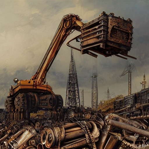 Steampunk detailed hydraulic claw cranes lifting heavy parts with huge pincer claws in Steampunk modern iron scrap yard, aisles, some detailed bobcats working and few detailed forklifts working. Steampunk modern iron scrap yard with many stacks of cubic iron bales and many piles of stacked scrap engines, Greg Rutkowski, Zabrocki, Karlkka, 3D, Oil Painting, Pencil Sketch