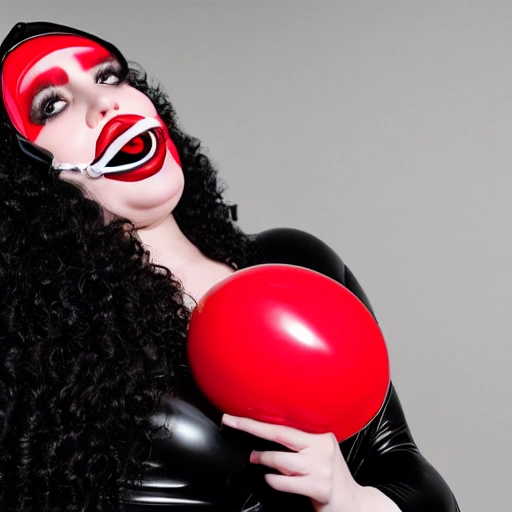 beautiful photorealistic render of a big and curvy grandma with loose curly hair and a black latex suit, wearing a black latex hood with a red ball, red lips, and white teeth on it. She is sitting on a couch with a black ball gag in her mouth wearing a collar. The background is a dark dungeon. HD, 8k resolution., Oil Painting