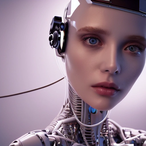 complex 3d render ultra detailed of a beautiful porcelain human woman, cyborg, robotic parts, 150 mm, beautiful studio soft light, rim light, vibrant details, luxurious cyberpunk, lace, hyperrealistic, cable electric wires, microchip, elegant, beautiful background, octane render, 8k