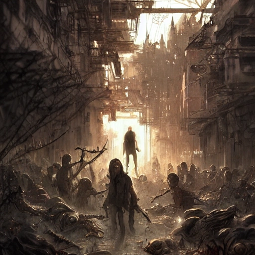 Award-winning, 4K digital painting in the style of Yoshitaka Amano. Detailed and intricate depiction of a zombie apocalypse, masterfully capturing the chaos and drama of the scene. Beautiful lighting and cinematic composition make this piece a true masterpiece, trending on artstation