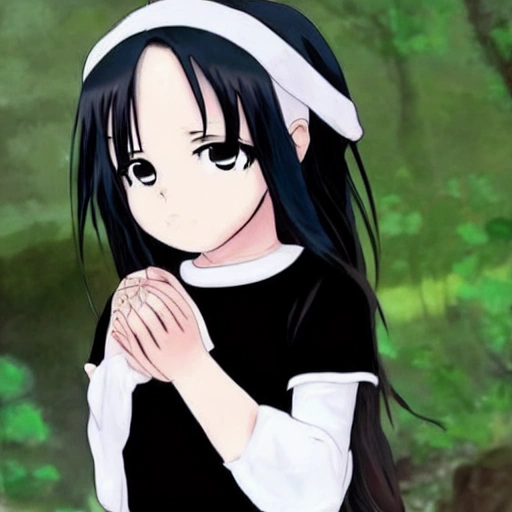 Anime niña pequeña representa a la muerte con su oz en mano vestido gótico blanco con negro hermosa tes blanca y cabello negro