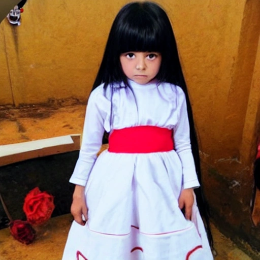 Anime niña pequeña representa a la muerte con su oz en mano vestido gótico blanco con negro hermosa tes blanca y cabello negro de pie cuerpo completo