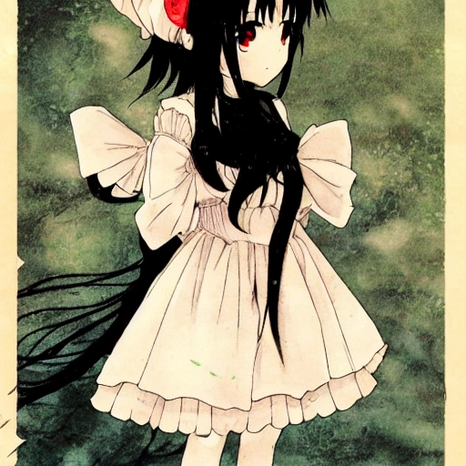 Anime niña pequeña representa a la muerte parada sobre oz en mano vestido gótico blanco con negro hermosa tes blanca y cabello negro cuerpo completo