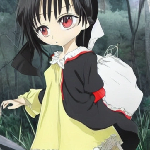 Anime niña pequeña representa a la muerte parada sobre oz en mano vestido gótico blanco con negro hermosa tes blanca y cabello negro cuerpo completo