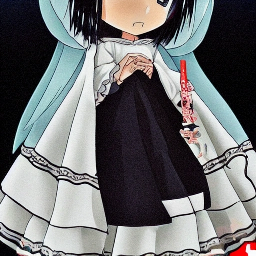 Anime niña pequeña representa a la bella santa muerte parada sobre oz en mano vestido gótico blanco con negro hermosa tes blanca y cabello negro cuerpo completo mirando al frente