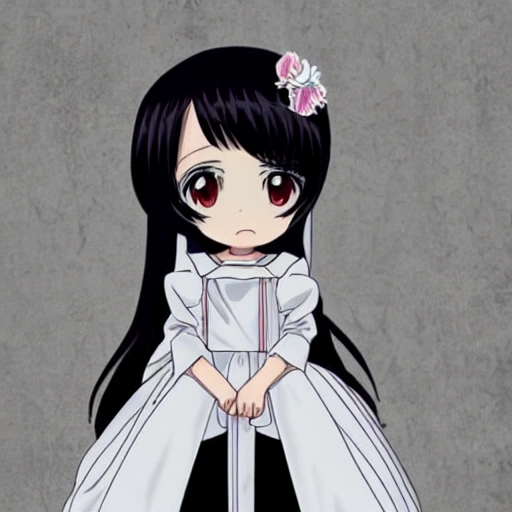 Anime niña pequeña representa a la bella santa muerte parada sobre oz vestido gótico blanco con negro hermosa tes blanca y cabello negro cuerpo completo mirando al frente