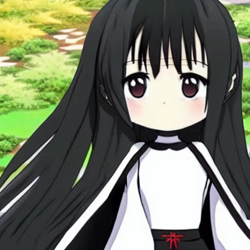 Anime niña pequeña representa a la bella santa muerte parada sobre oz vestido gótico blanco con negro hermosa tes blanca y cabello negro cuerpo completo mirando al frente feliz