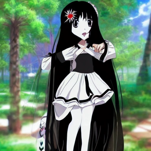 Anime niña pequeña representa a la bella santa muerte parada sobre oz vestido gótico blanco con negro hermosa tes blanca y cabello negro cuerpo completo mirando al frente feliz indiferente