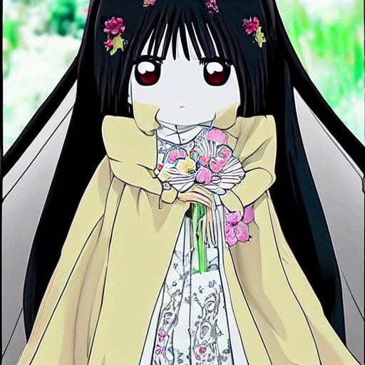 Anime niña pequeña representa a la bella santa muerte parada sobre oz vestido gótico blanco con negro hermosa tes blanca y cabello negro cuerpo completo mirando al frente feliz mocasines negros