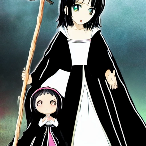 Anime niña pequeña representa a la bella santa muerte parada sobre oz vestido gótico blanco con negro de olanes hermosa tes blanca y cabello negro cuerpo completo mirando al frente feliz mocasines negros