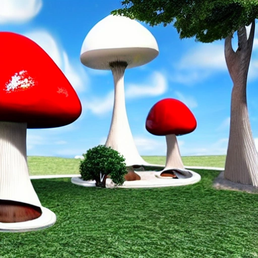a futuristic house with a giant red and white mushroom and some elves dancing outside the house, Trippy
