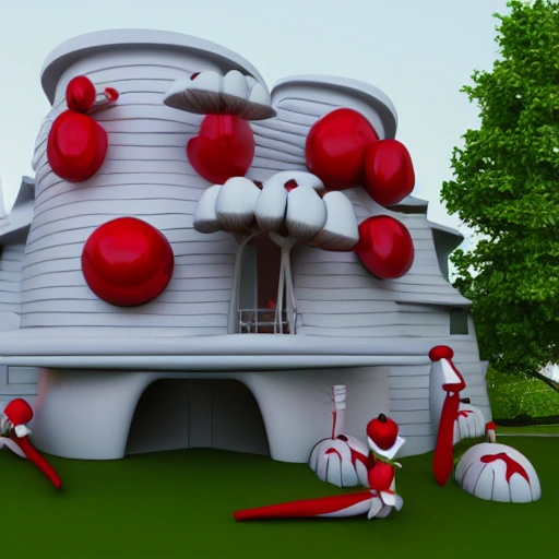 a 3d render of a futuristic white house with a giant red and white mushroom, some elves dancing outside the house