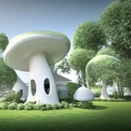 a 3d render of a beutiful futuristic white house with a giant mushroom, some elves dancing outside the house, Trippy