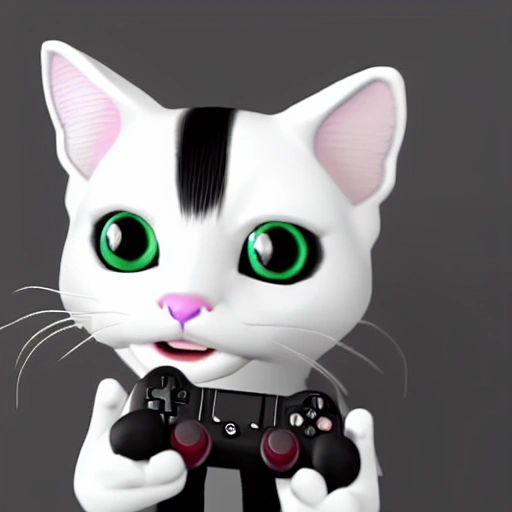 a 3d toon render of a black and white psychadellic cat with one eye, smiling and playing videogames
