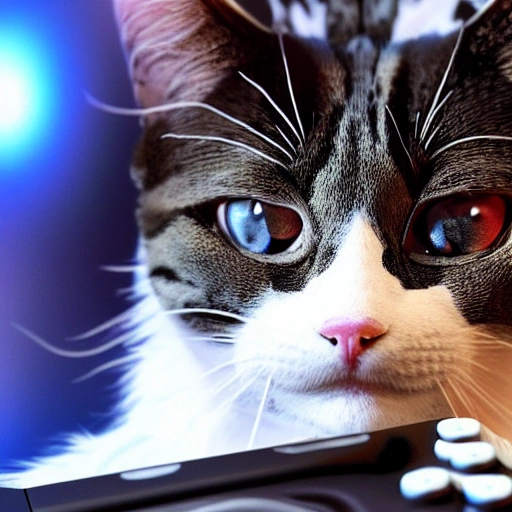 a 3d toon render of a black and white psychadellic cat with only one eye, smiling and playing videogames, Trippy