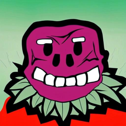 - a cartoon of a marijuana flower with muscular arms, devilish eyes and sharp fangs smiling
