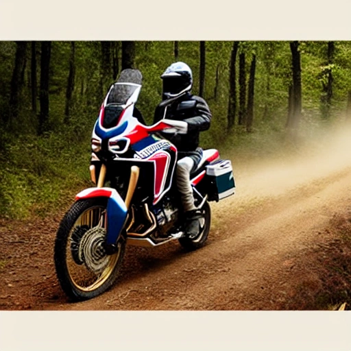 Africa Twin motorbike in the forest. Ultrarealistic. Horizontal image 16:9
