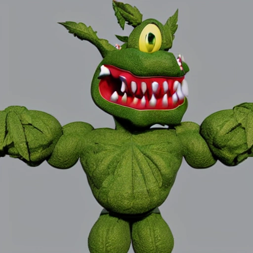  a 3d render toon of a marijuana flower with muscular arms, devilish eyes and sharp fangs smiling