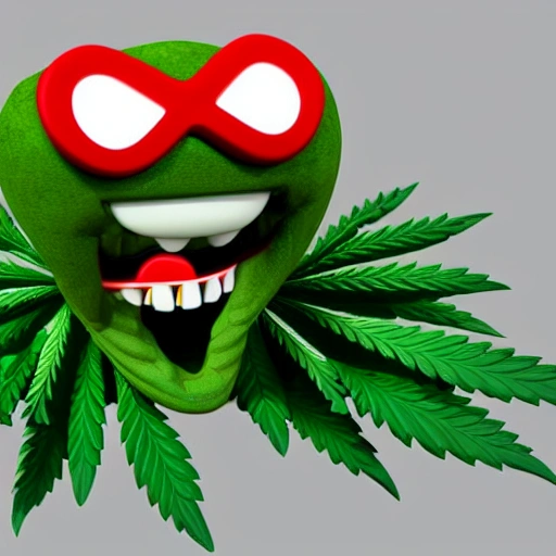 3d render toon of a marijuana flower with muscular arms, and sharp fangs smiling

