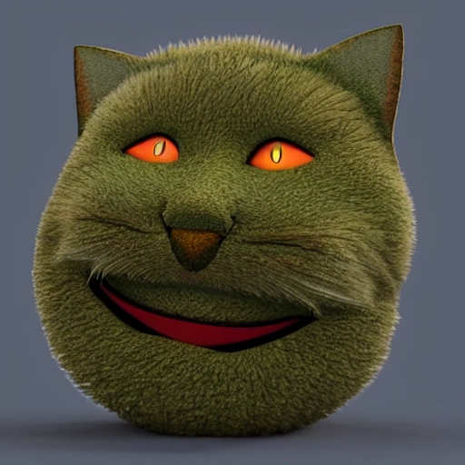 a cartoon render 3d of a cat made by marijuana leaves with red eyes, a background island with palm trees and coconuts
