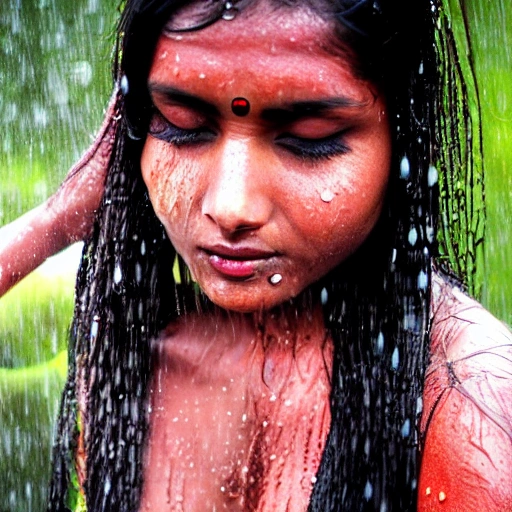 indian woman,wet,raining.stunning beautiful,perfect body,river,black eyes,, 3D