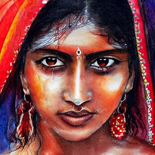 indian woman,wet,raining.stunning beautiful,perfect body,river,black eyes,, 3D, Water Color