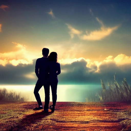 A lovers, see from the back, background is landscape, landscape is sunset, bit dark, romanic, sad
