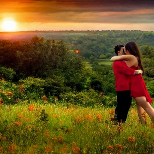 A lovers are kissing, see from the back and can see their sexy dressing, background is landscape, landscape is sunset, bit dark, romanic, sad
