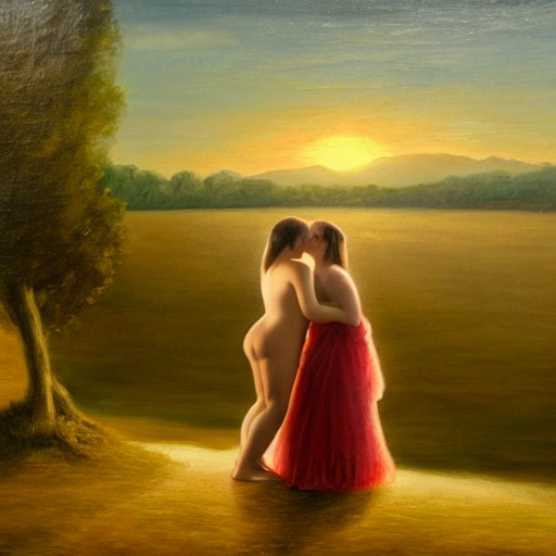 A lovers are kissing, see from the back and can see their sexy dressing, background is landscape, landscape is sunset, bit dark, romanic, sad
, Oil Painting