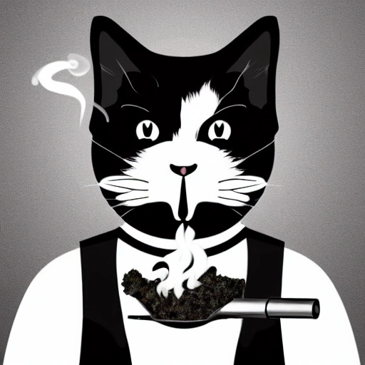 black and white cat smoking a joint of marijuana and that the smoke forms the word "gatogelato"