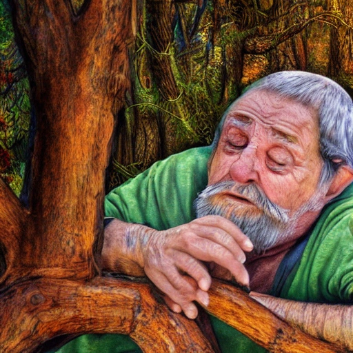 duende viejo durmiendo debajo de un roble, rostro detallado, hierrealista,HDR, fantasia, 4k, feliz, tranquilidad
, Water Color