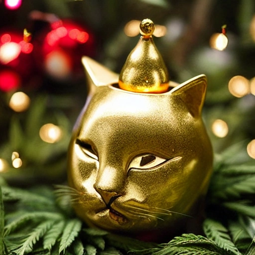 ultrarealistic gold pot in the shape of a cat's head with a marijuana plant inside decorated with Christmas lights
